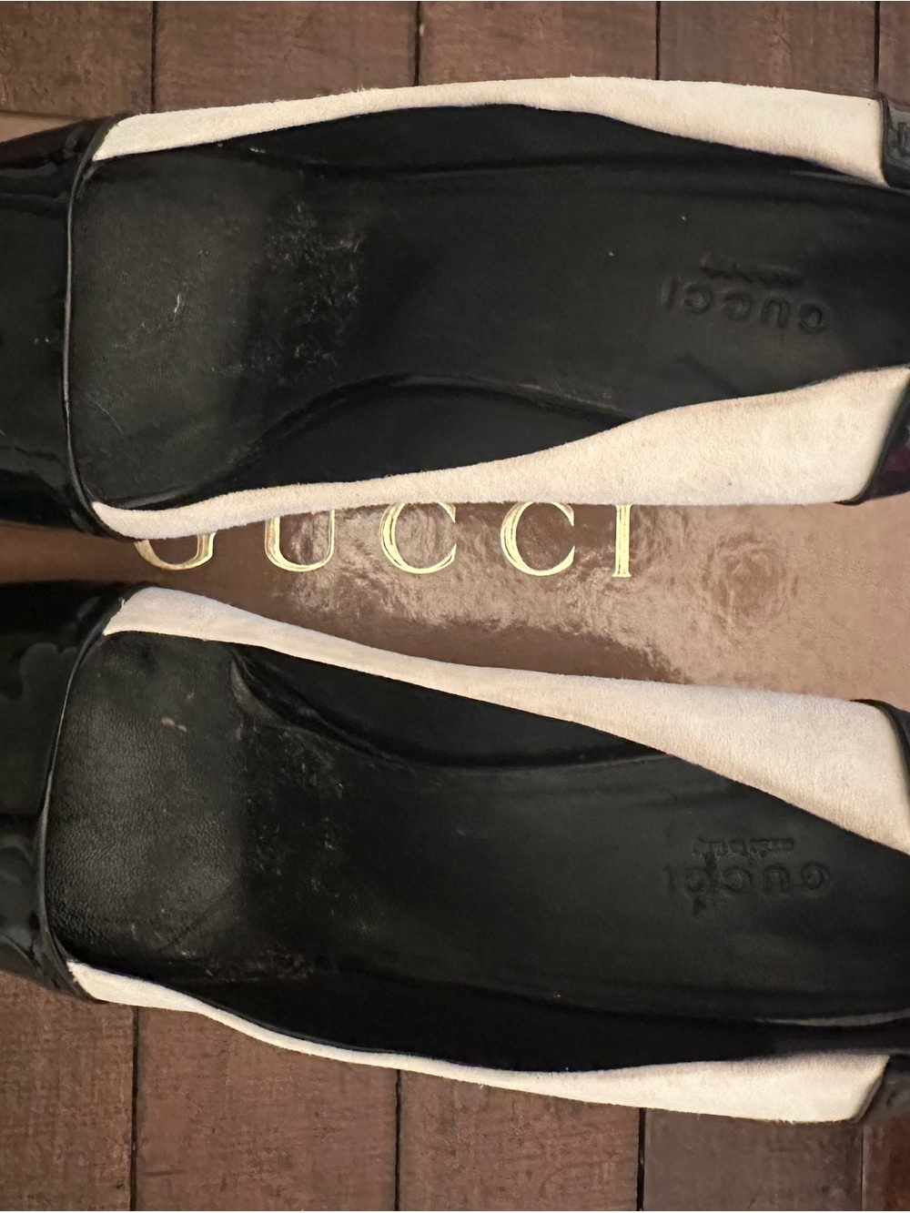 Gucci Black Patent and White Suede Open Toe Pumps - Picture 3 of 16